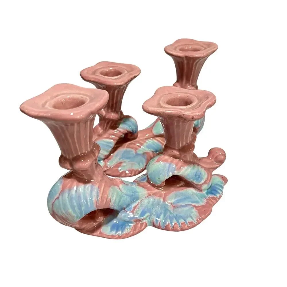 Vintage Mid Century Royal Haeger pottery candle holders Mauve Blue Agate PAIR